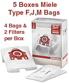 5 Boxes of Genuine Miele AirClean Bags Type F, J, M