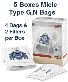 5 Boxes of Genuine Miele AirClean Bags Type G, N